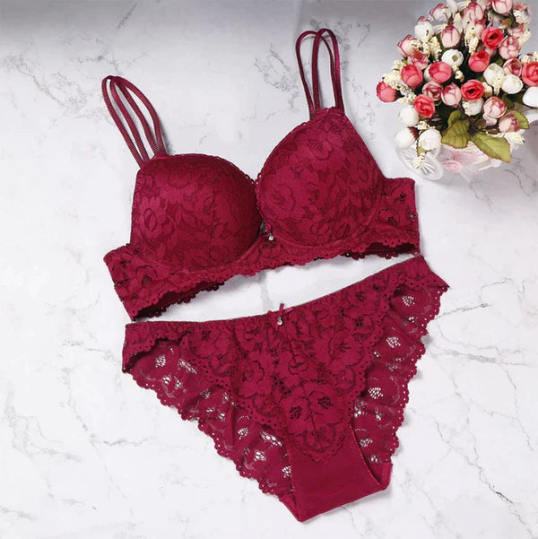 Pack of 3 Flourish Elegant Lace Bra & Panty Set – Push Up & Double Padded Comfort with Floral Detailing