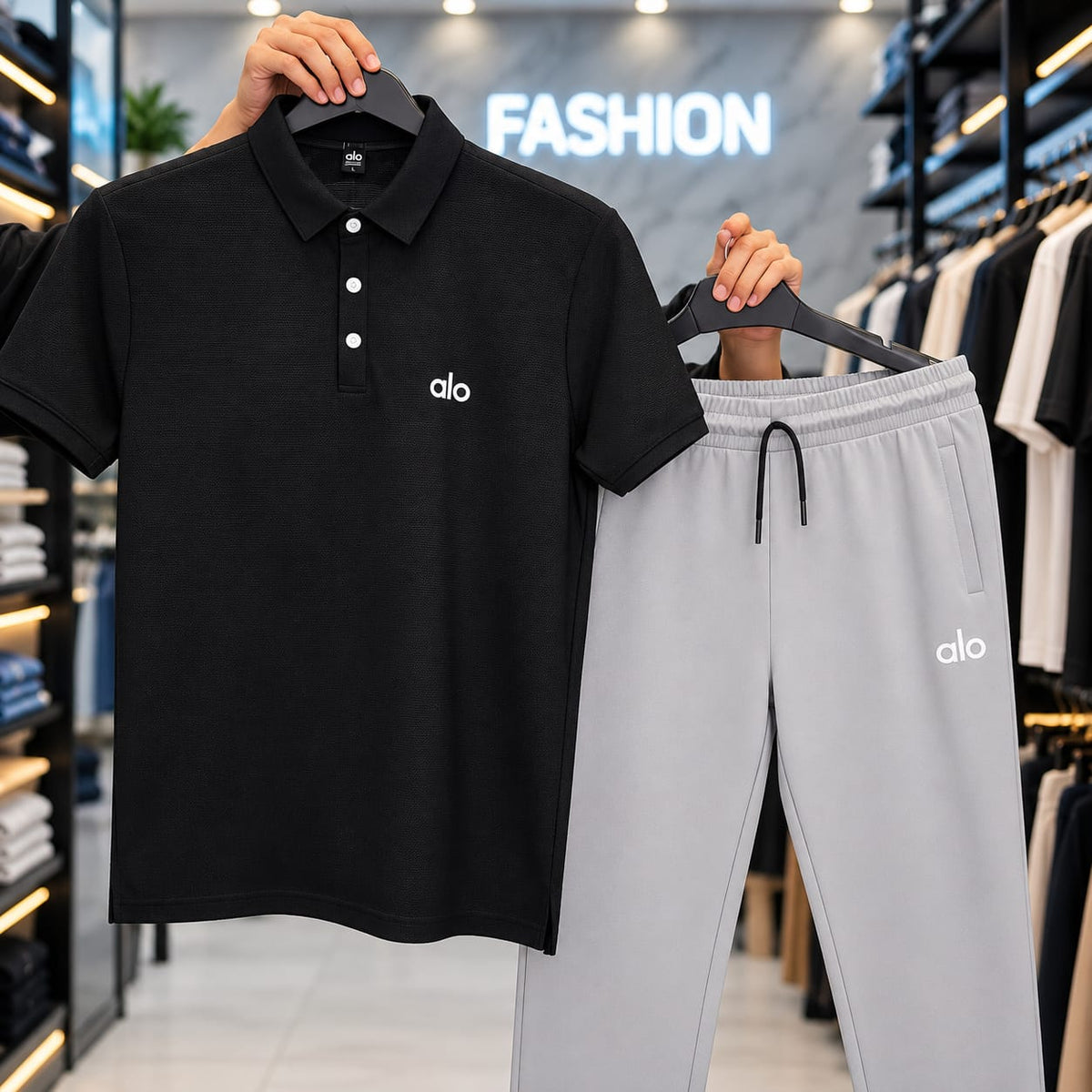 🔥 Alo Premium 3-Piece Summer Set | Cap + Polo + Joggers 🧢👕👖✨