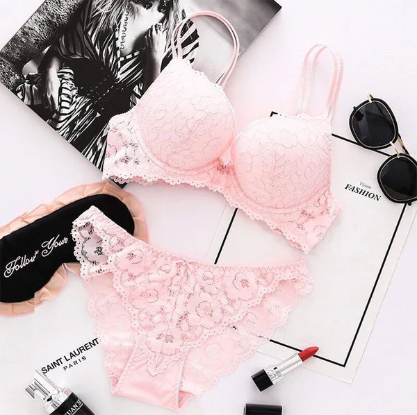 Pack of 3 Flourish Elegant Lace Bra & Panty Set – Push Up & Double Padded Comfort with Floral Detailing