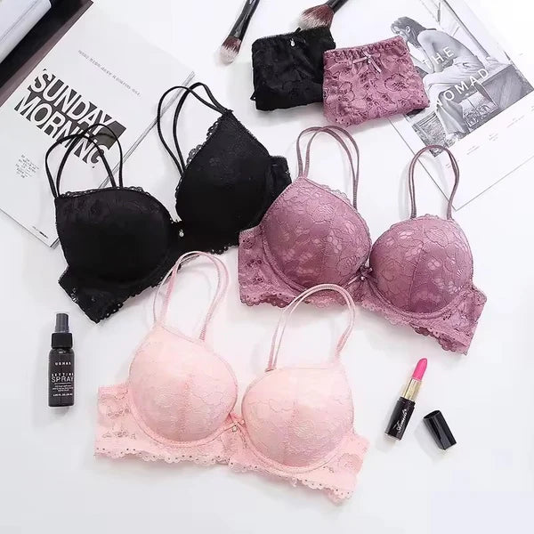 Pack of 3 Flourish Elegant Lace Bra & Panty Set – Push Up & Double Padded Comfort with Floral Detailing